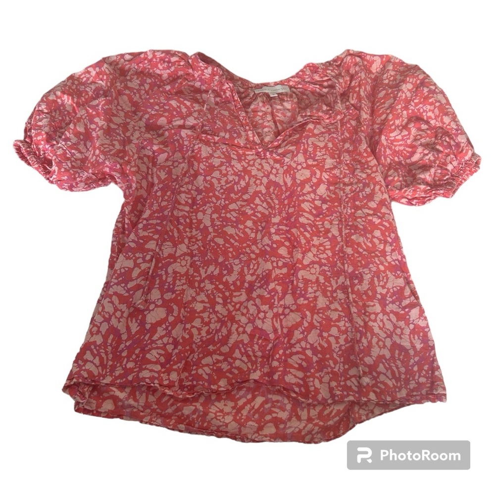 House of Harlow 1960 puff short sleeve print blouse peach red purple tie front